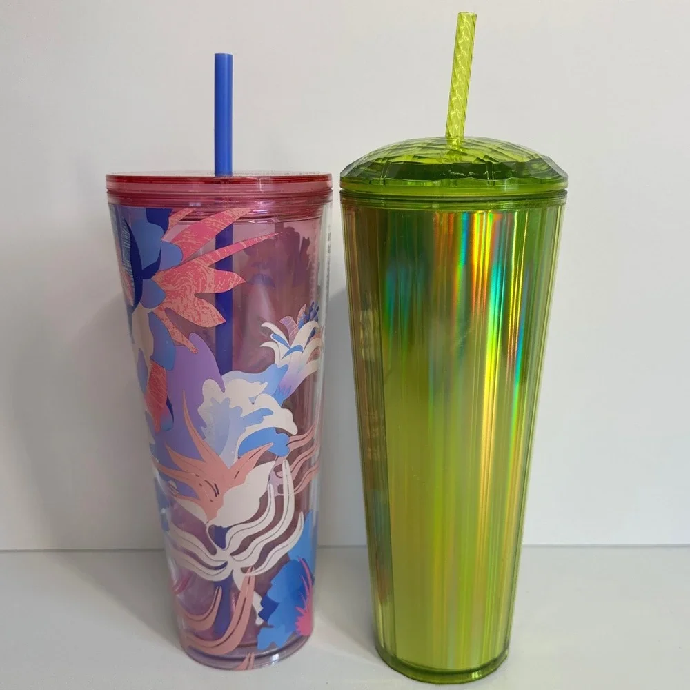Starbucks Tumbler Set 24oz Floral Purple & Iridescent Lime Green Excellent Venti